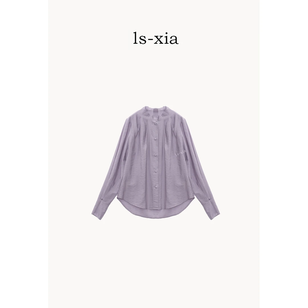 【流动曲线】春夏优雅奢感时尚休闲圆领紫色衬衣显瘦气质长袖衬衫