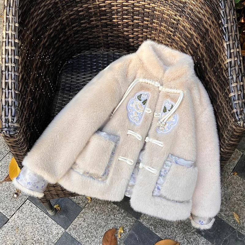 2024新款秋冬季女童外套洋气儿童中国风毛毛衣加厚新中式上衣