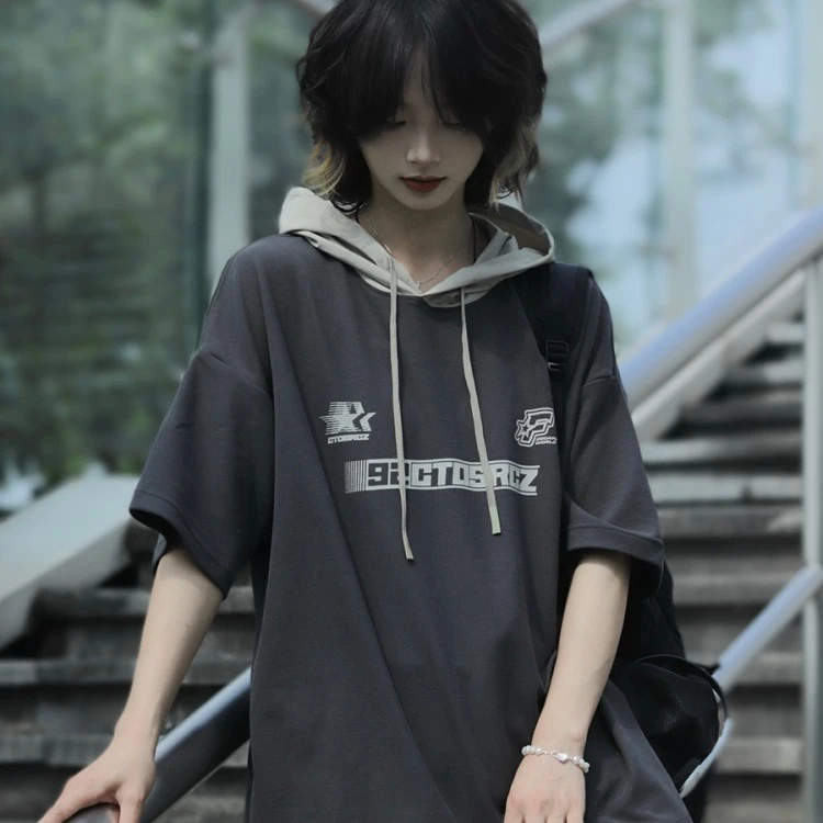 夏季日系学院风字母印花连帽短袖t恤男百搭宽松中性街头休闲上衣