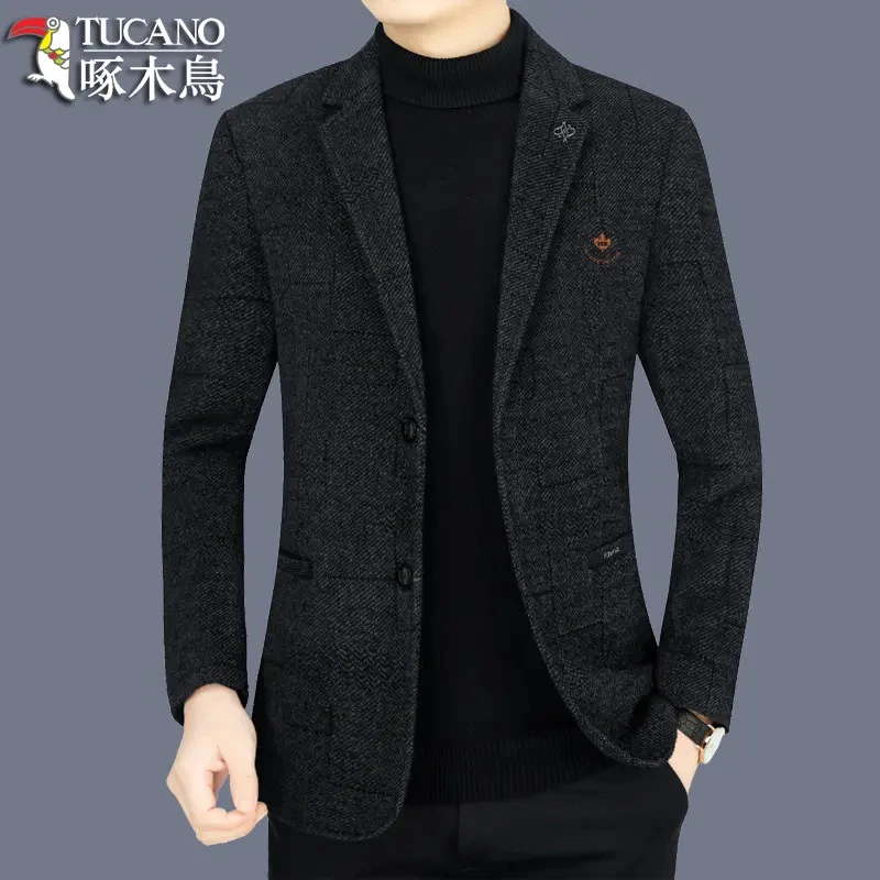 啄木鸟新款男士毛呢西服休闲中年西装加棉加厚秋冬装呢子外套上衣