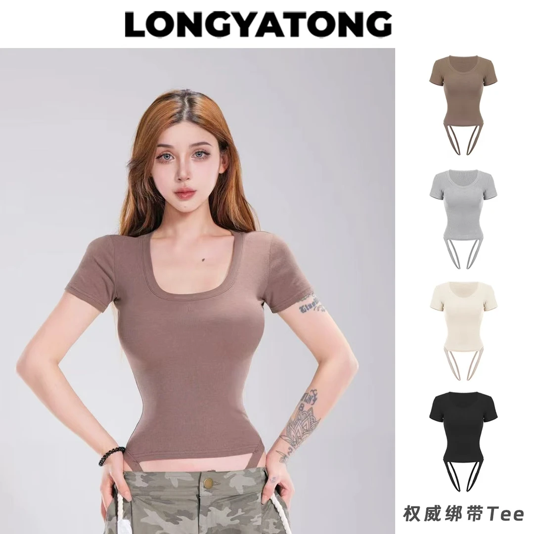 （清）龙牙童推荐【权威绑带Tee】夏季显瘦街头美式T恤时尚休闲修身