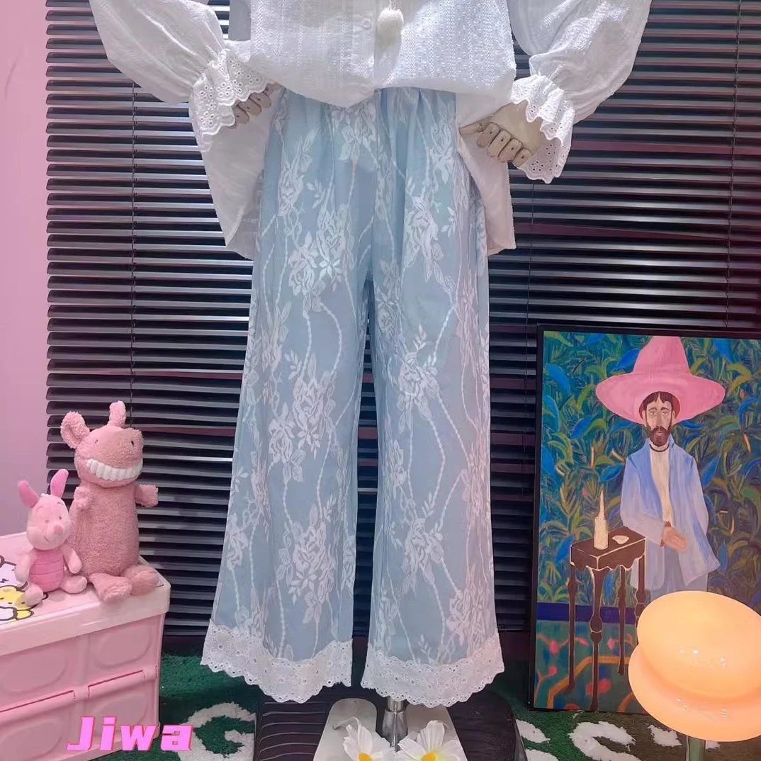 吉娃复古风花边裤脚复合花纹蕾丝牛仔裤休闲裤洋气30501