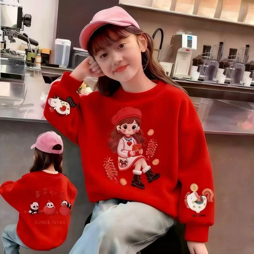 女童红色加绒加厚款上衣圆领网红女加绒保暖卫衣冬季拜年服喜庆