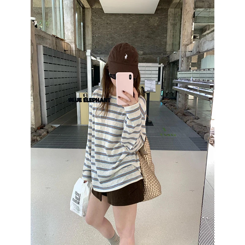 美式慵懒高级感条纹撞色长袖T恤女装轻奢高级感洋气百搭裤裙套装