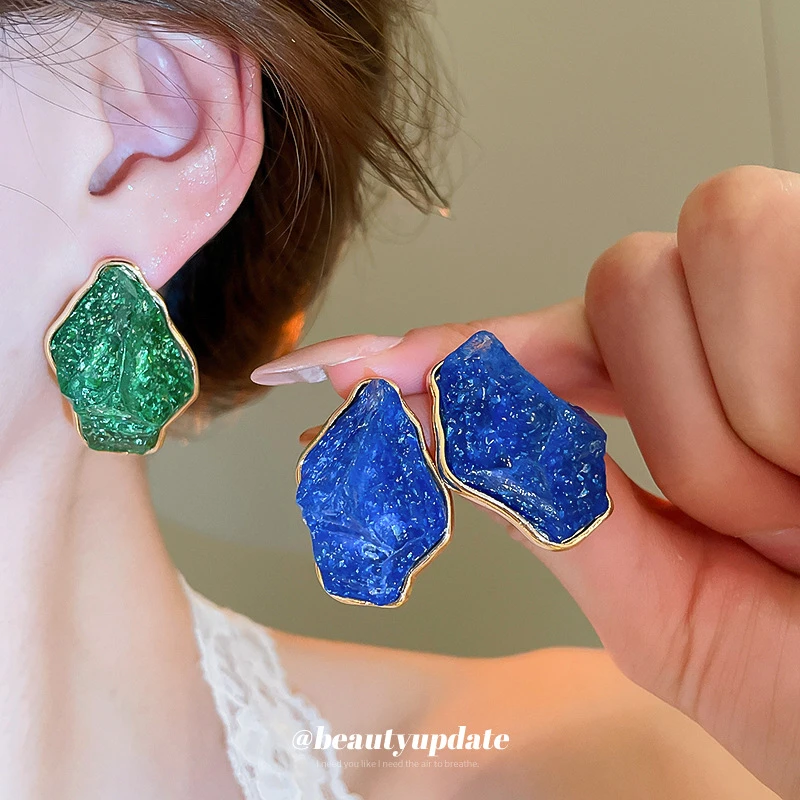 合金树脂耳饰 复古百搭个性蓝色绿色耳环时尚耳饰小众高级感气质