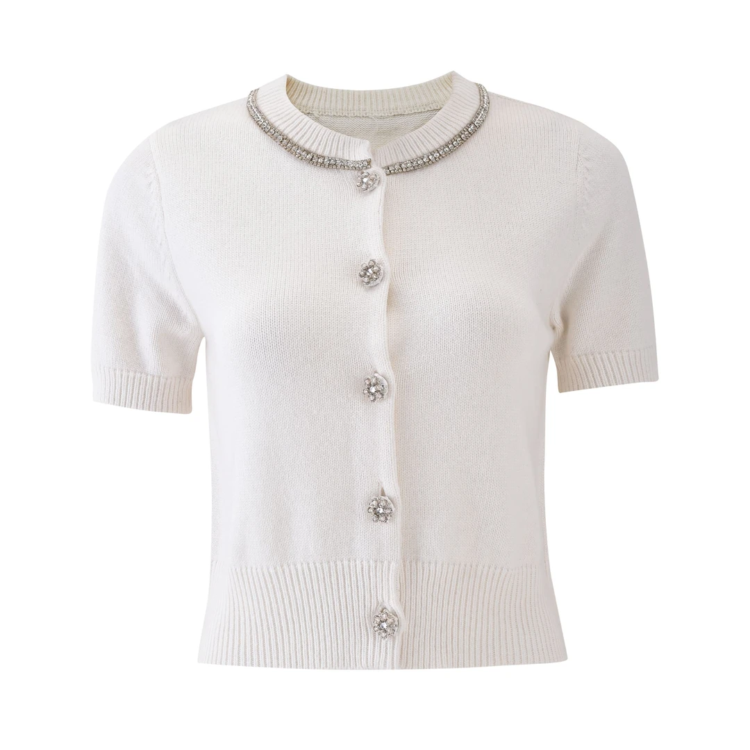 ICCLEK  重工璀璨钻领白色针织开衫 百搭 时尚 -1013