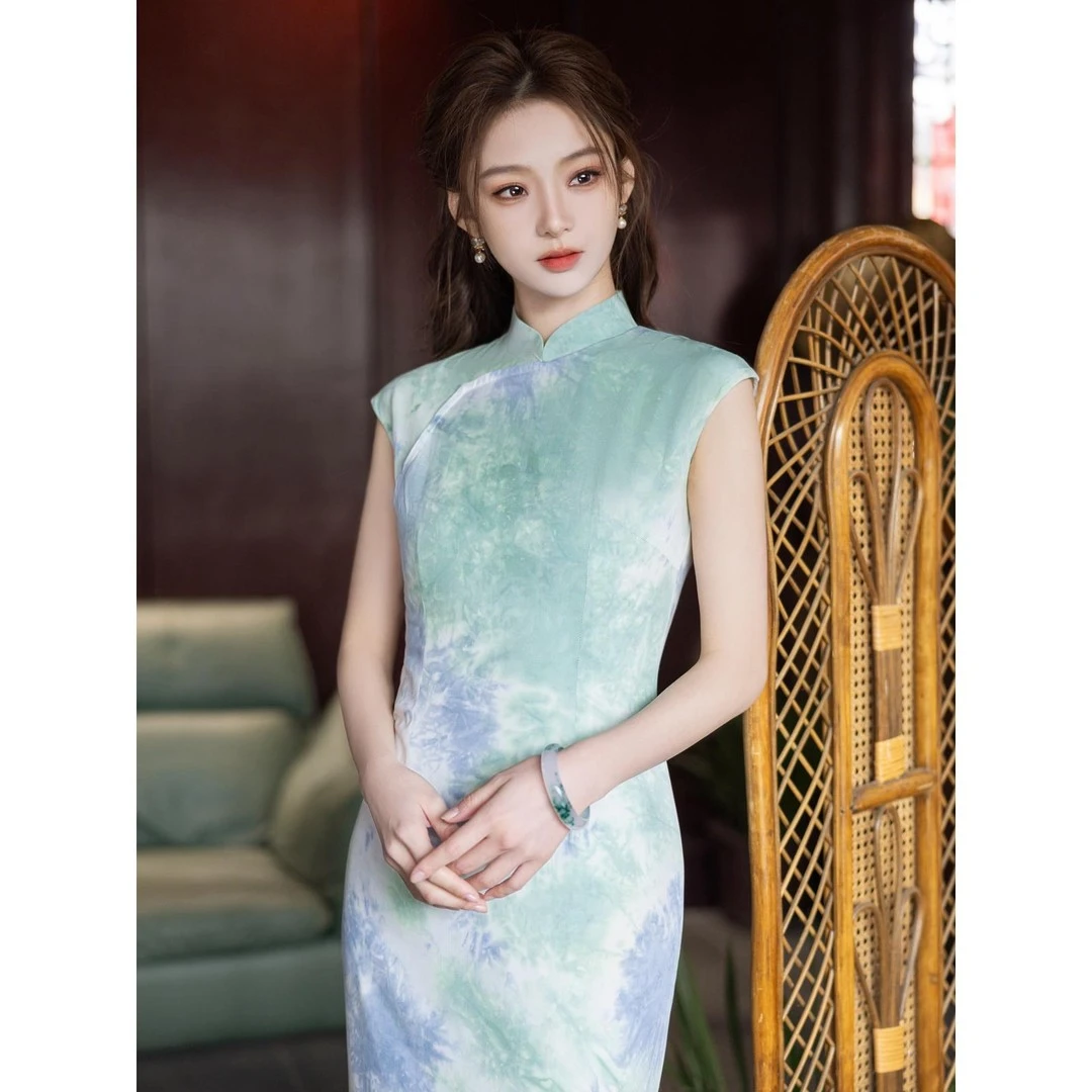 绝代佳人 | 新款竹纤维视觉扎染气质优雅显瘦修身旗袍裙长130cm