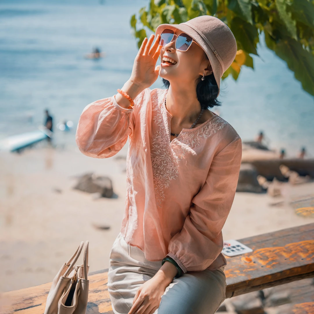 西子/【粉蓝小衫】100苎麻中式古典缠花刺绣长绣上衣/SYTJ427