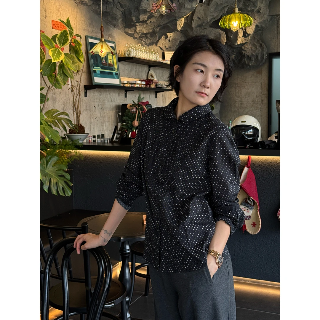 LANGQING 纯棉“风琴褶”复古风波点衬衫46359#