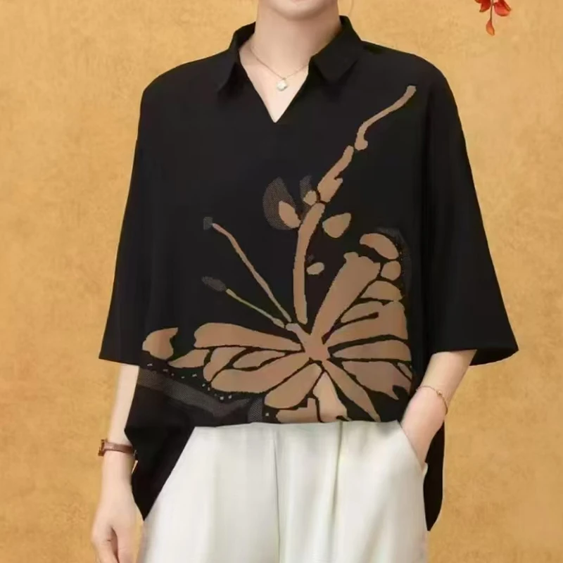 女款t恤带纽扣小衫夏装宽松1-4XL-170斤民族风8803