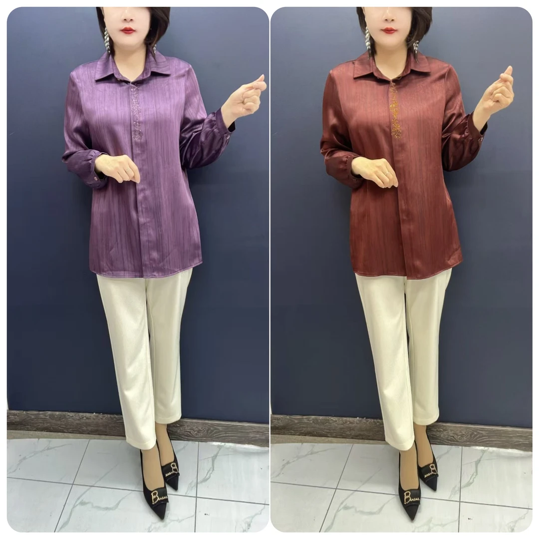 A65春季新款女装时尚百搭高档中长款方领美衫洋气春秋大码长袖