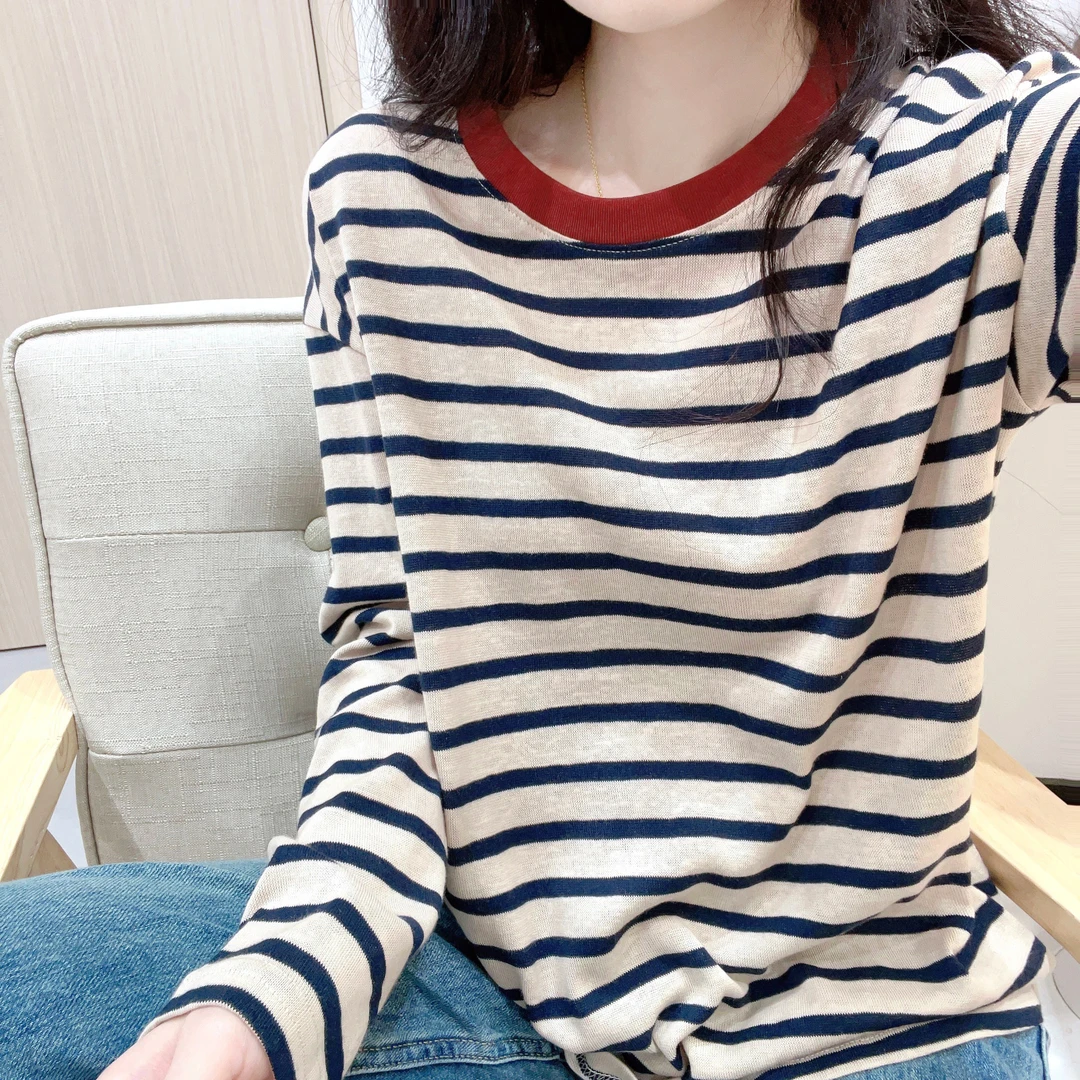 撞色圆领条纹T恤女秋季雪花棉慵懒松弛外穿宽松百搭显瘦长袖上衣