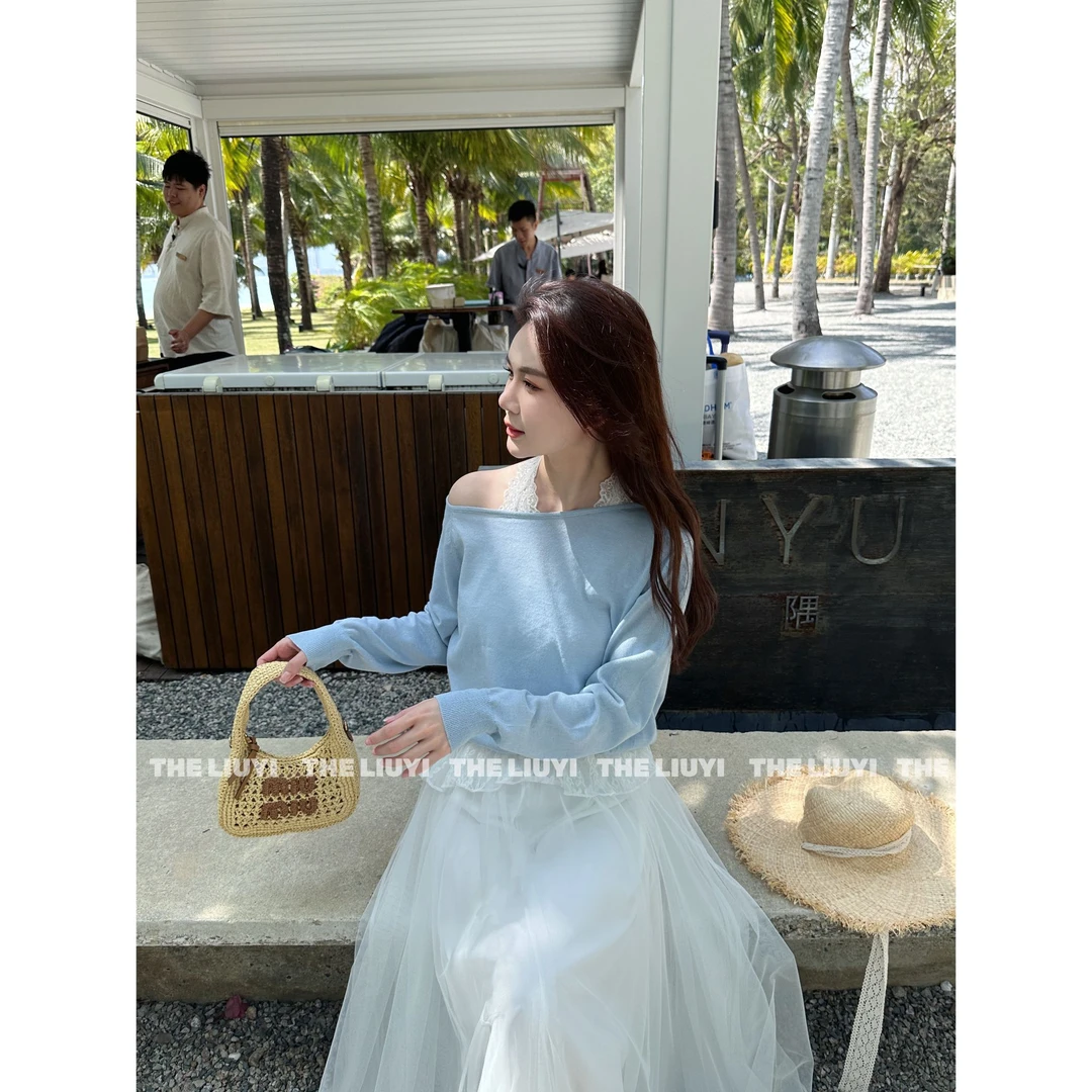 【LIUYI】怦然心动两件套~春夏蕾丝挂脖+薄款针织露肩上衣52203