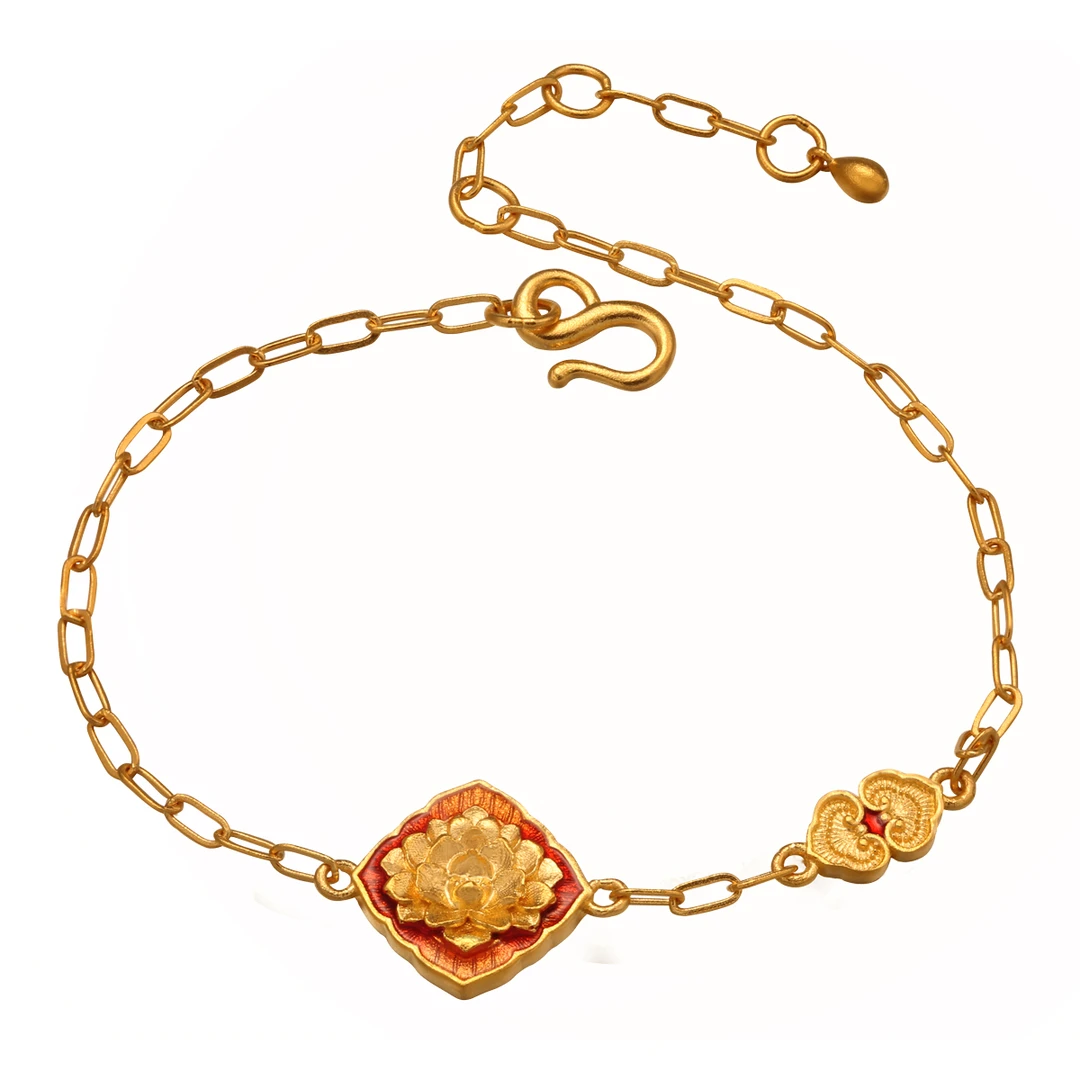 【传承】六桂福古法黄金花开富贵足金手链P03RJGH04274