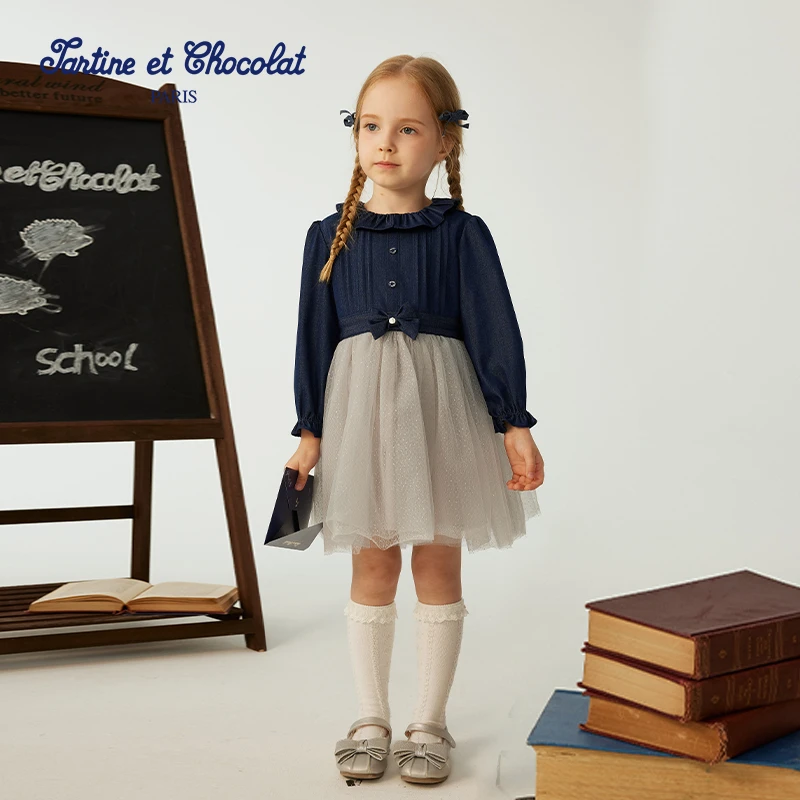 TC法国巧克力童装25新品女童牛仔圆领拼接连衣裙CIOJF8941T