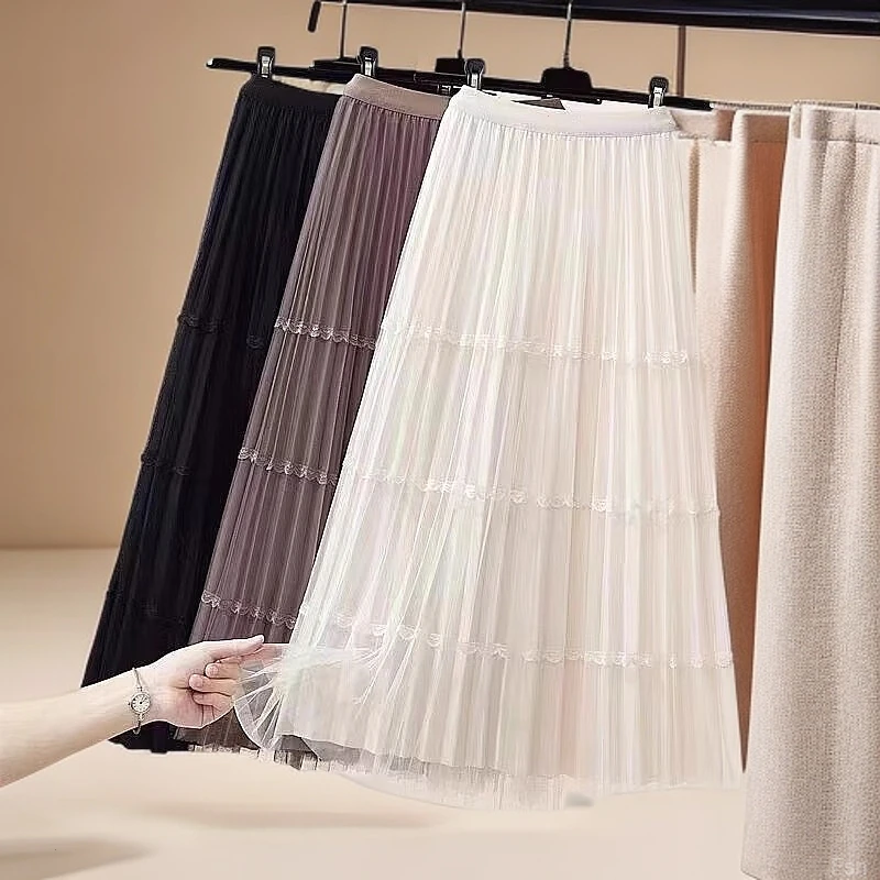 法式高腰中长款百褶半身裙女2025秋季新款小个子显瘦蕾丝a字纱裙