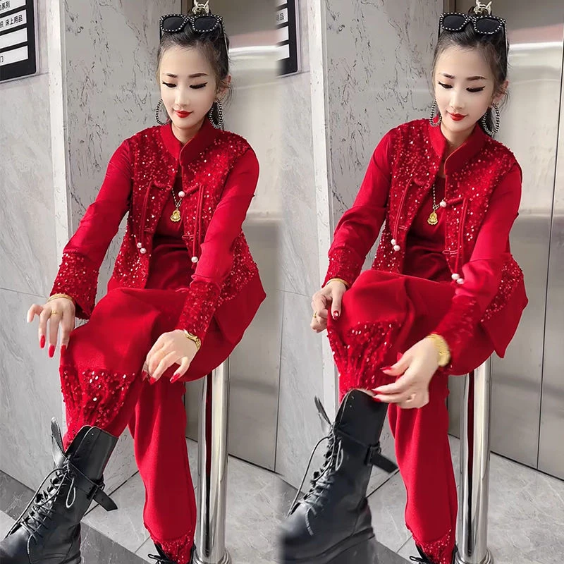 春季新款国风时尚套装女2025宽松大码显瘦气质高档洋气马甲三件套