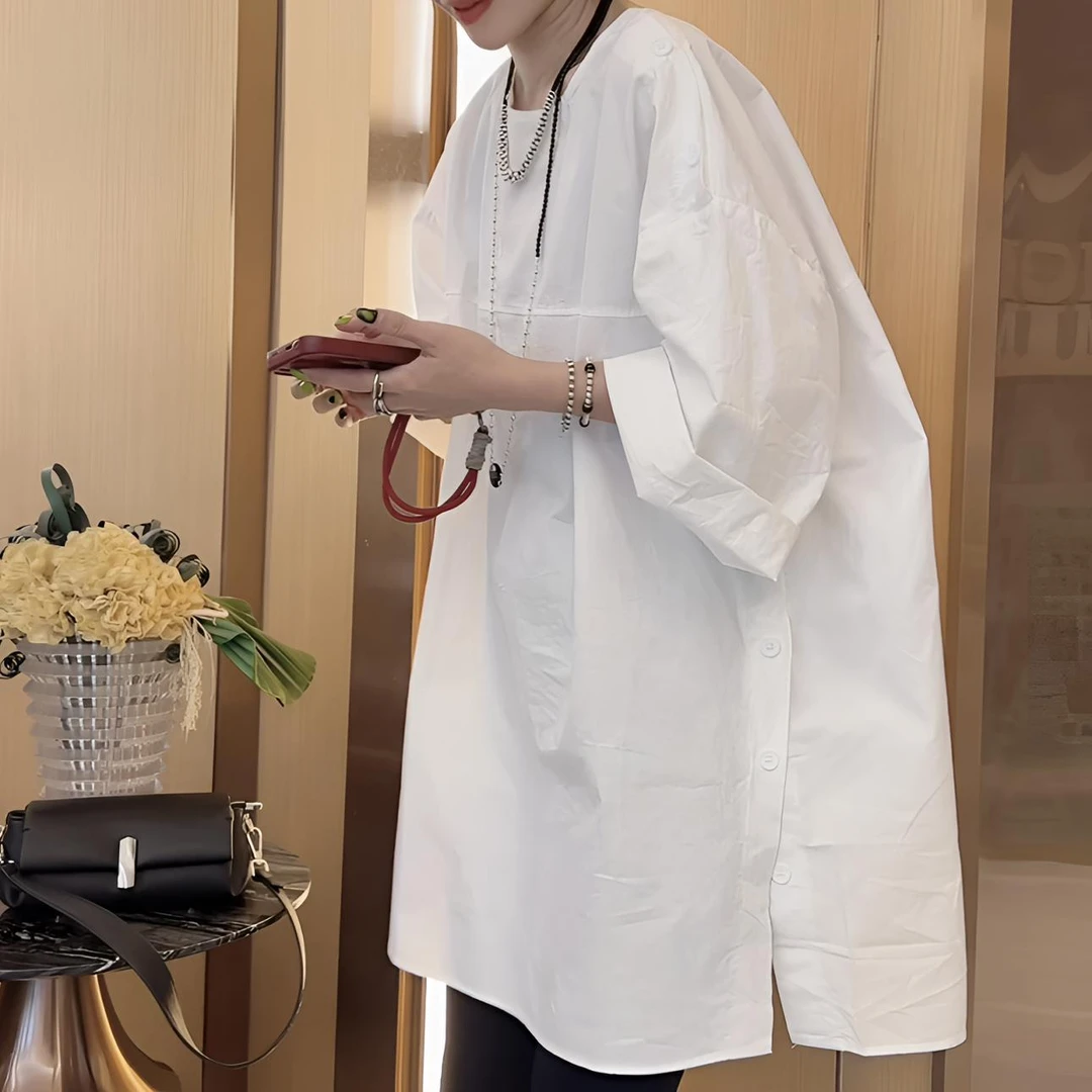 【芬芬姐精选】春季休闲宽松设计师小众开叉时尚短袖圆领衬衫5956