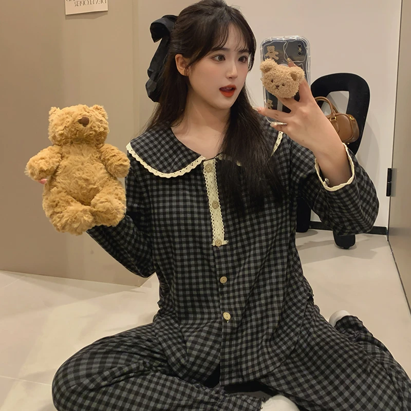 秋冬新款德绒格子印花保暖睡衣蕾丝翻领甜美气质舒适长袖套装2737