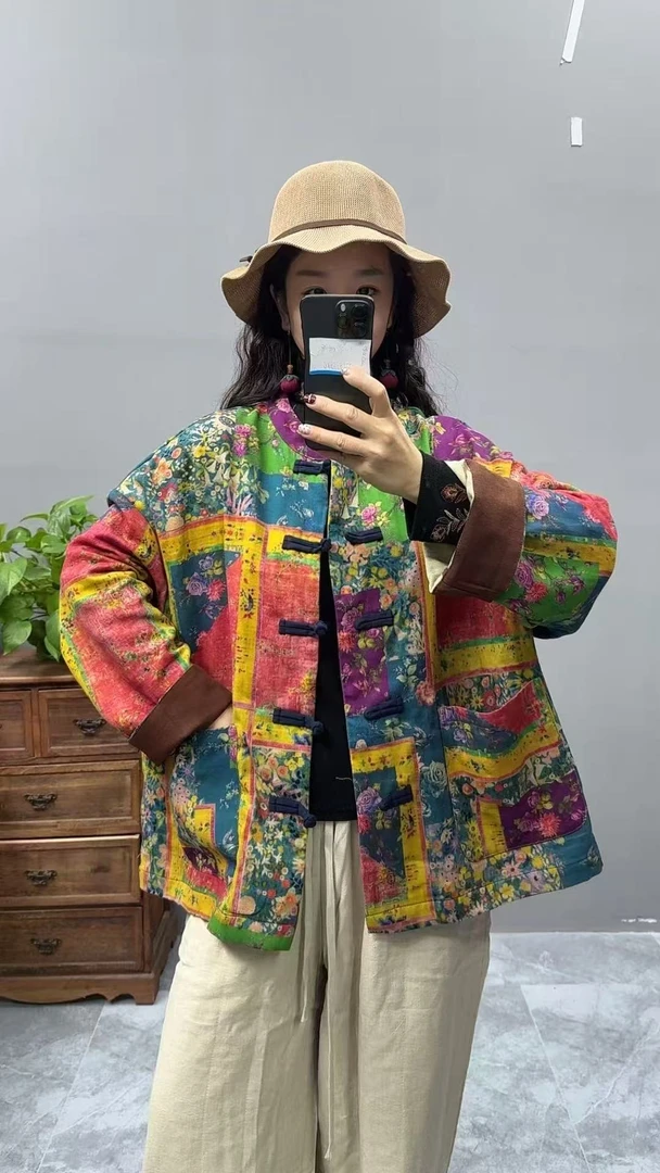 8697新款春秋季复古宽松百搭盘扣新中式文艺上衣印花休闲长袖外套