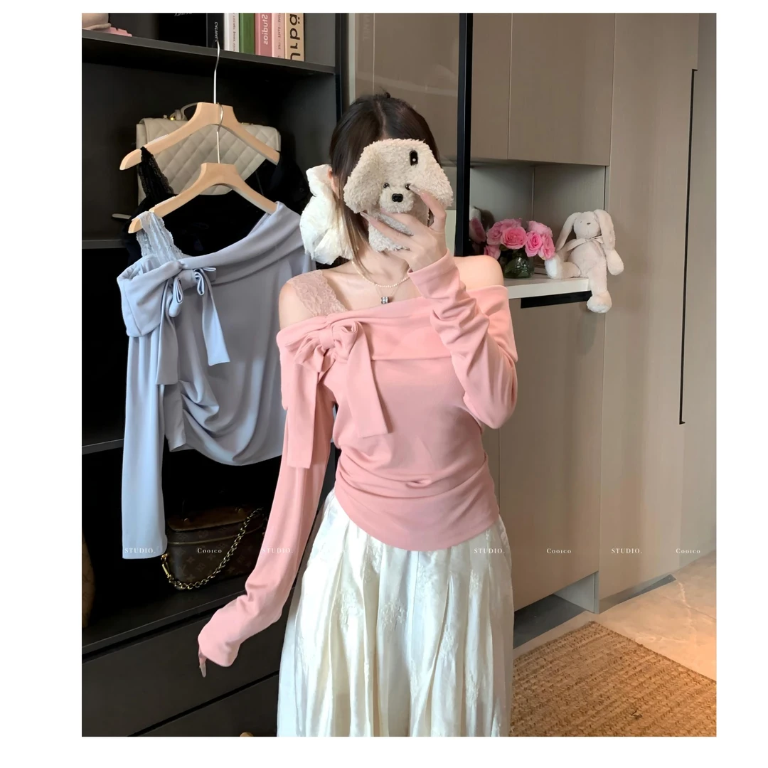 大码纯欲设计感露肩蕾丝边别致打底衫甜美显瘦蝴蝶结上衣8395