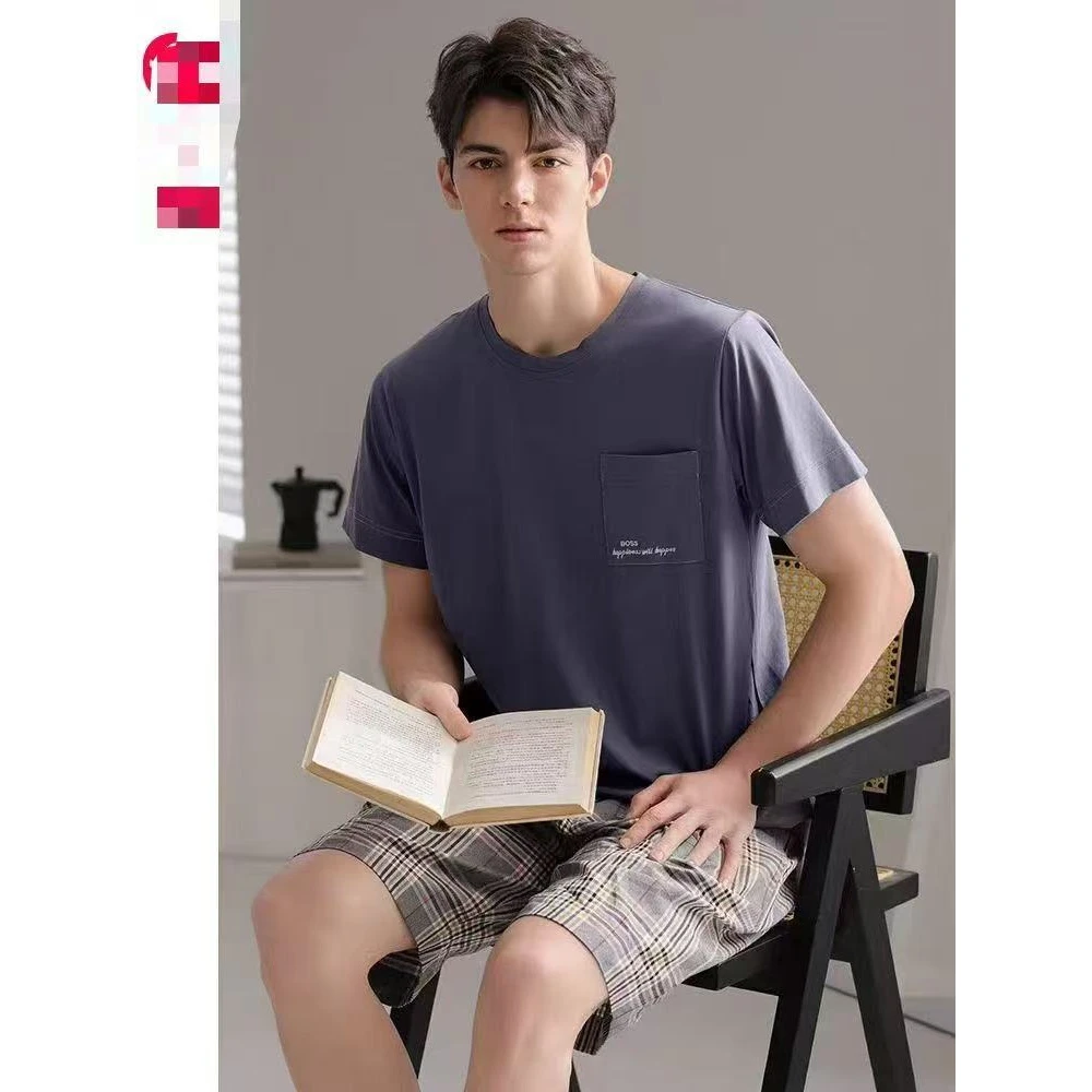 134-夏季新款男士AB搭短袖格子裤套装