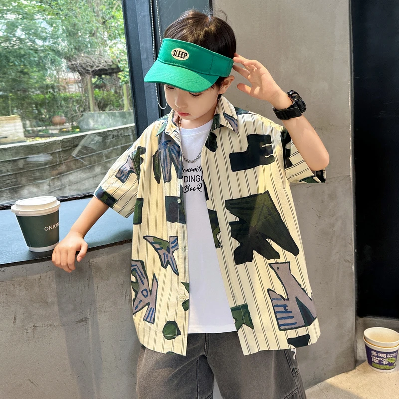 男童夏季短袖衬衫2025新款中大儿童夏装韩范半袖男孩夏薄款衬衣潮