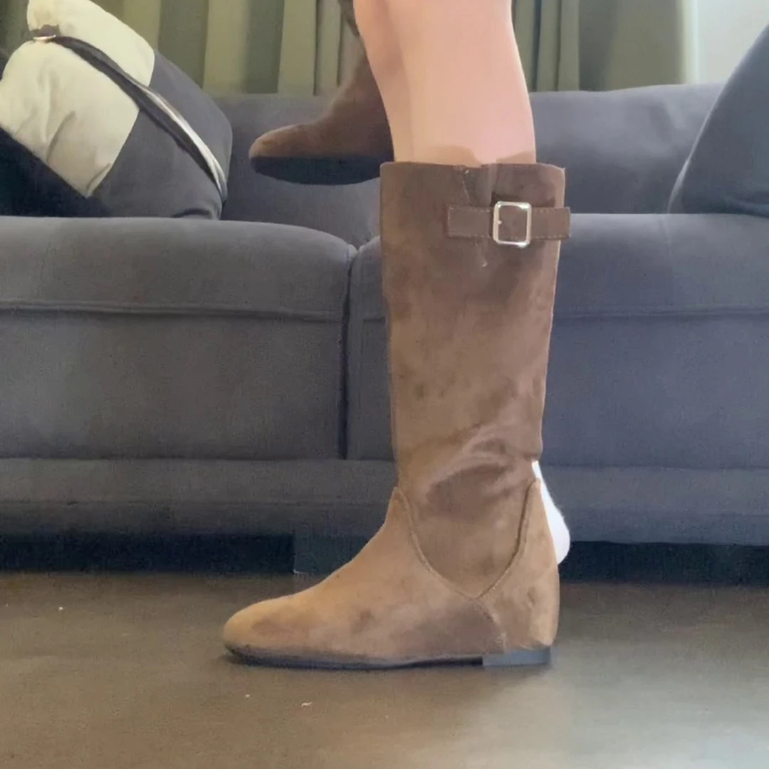 羊皮版~复古小众瘦瘦靴女时尚气质百搭高筒显瘦褶皱内增高时装靴