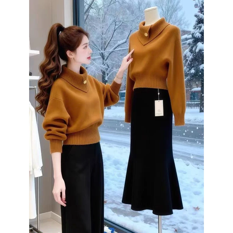 秋冬韩系淡人高知老钱风轻熟设计感软糯慵懒橘色高领打底针织衫女