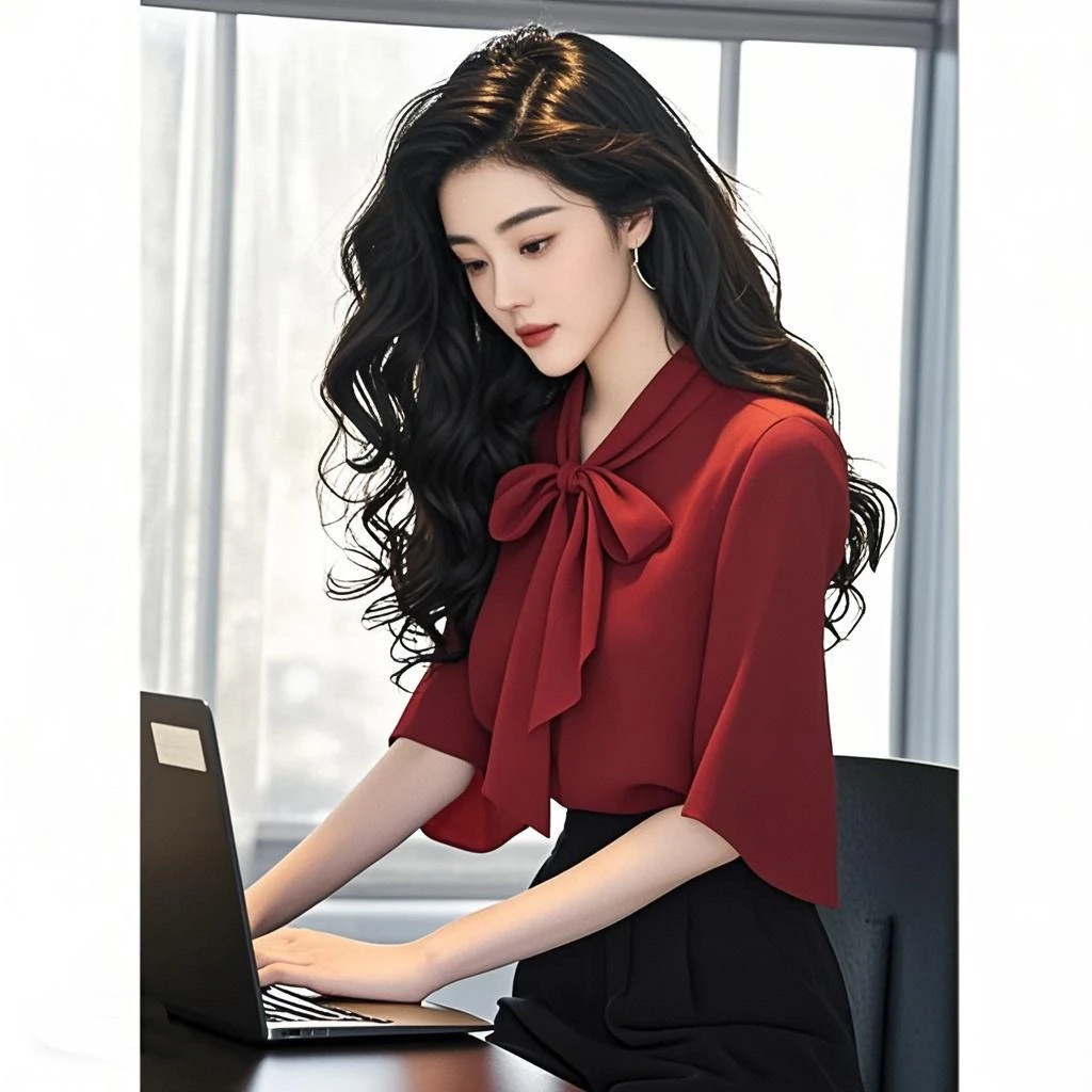 SS954红色蝴蝶结衬衫女2025夏设计感小众优雅衬衣洋气半裙两件套