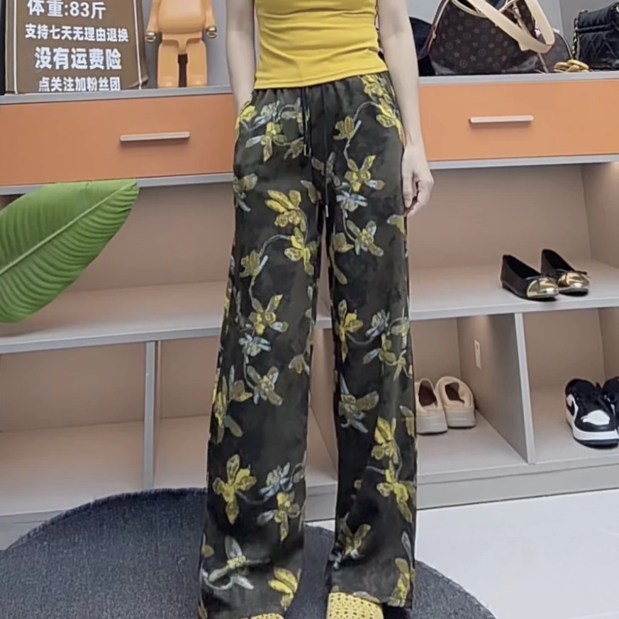519新款舒适时尚松紧腰黄花休闲阔腿裤