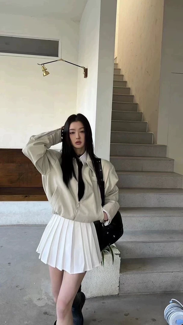 DMW美式复古翻领皮衣外套女夹克短外套拉链百搭小众