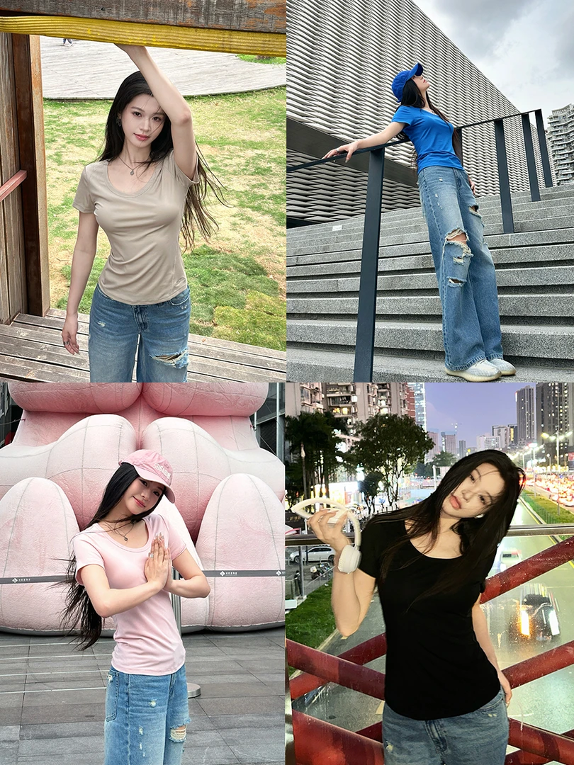 2025新款夏日随心搭纯色亲肤上衣收腰显瘦休闲弹力短袖T恤