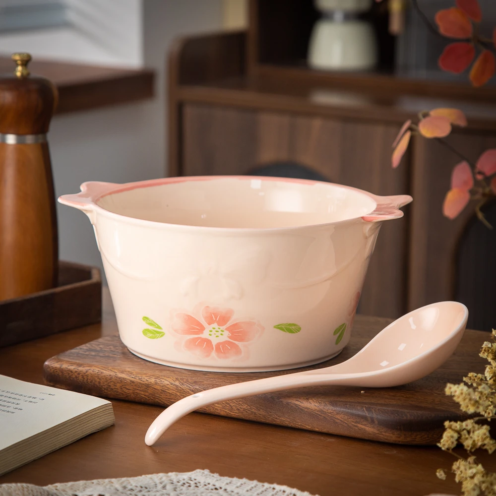 花影系列釉下彩家用陶瓷创意餐具十英寸蝴蝶结双平耳加厚汤桶加勺