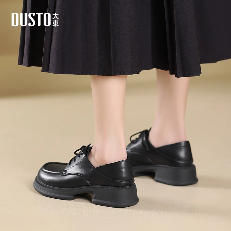 大东女鞋2025秋季新款时尚系带乐福鞋粗跟厚底舒适通勤小皮鞋0149