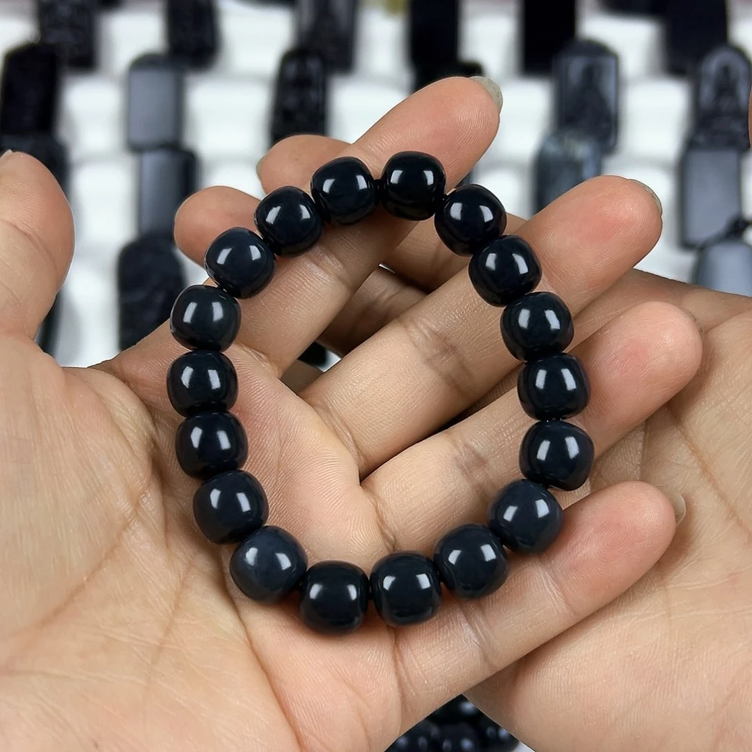 和田玉（墨玉）未镶嵌颈饰卡12老型手串灰调