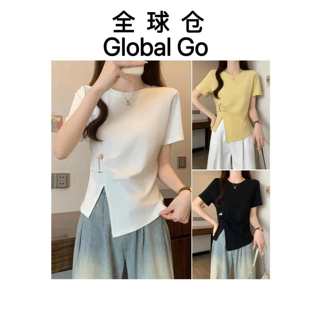 【全球仓Global Go】法式减龄圆领短袖修身显瘦开叉不规则半袖2517