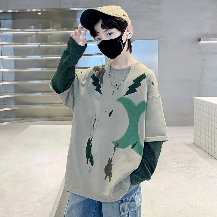 春秋款宽松男童2025新款中大童字母假两件打底衫男孩印花卫衣秋季