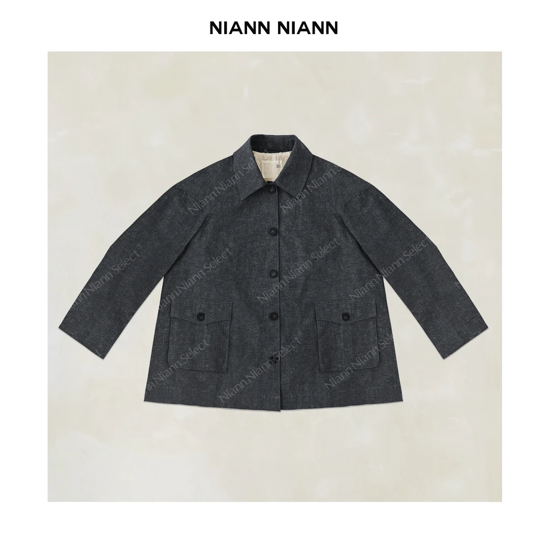 NiannNiann 新品女装通勤长绒棉颗粒水洗亚麻翻领外套15870