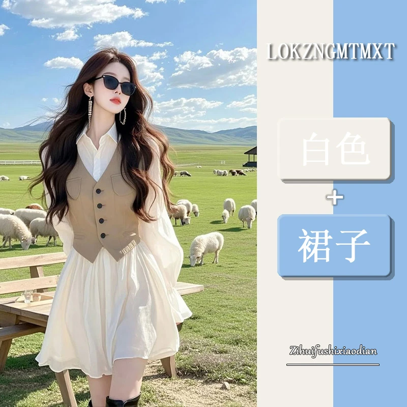 高级感绝美轻奢海边度假假两件A字裙秋季新款收腰显瘦连衣裙女