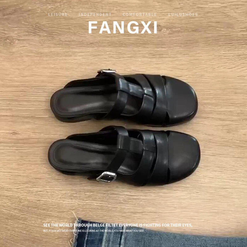 牛皮版~罗马粗跟镂空圆头勃肯凉拖鞋女夏外穿包头半拖鞋中跟女鞋