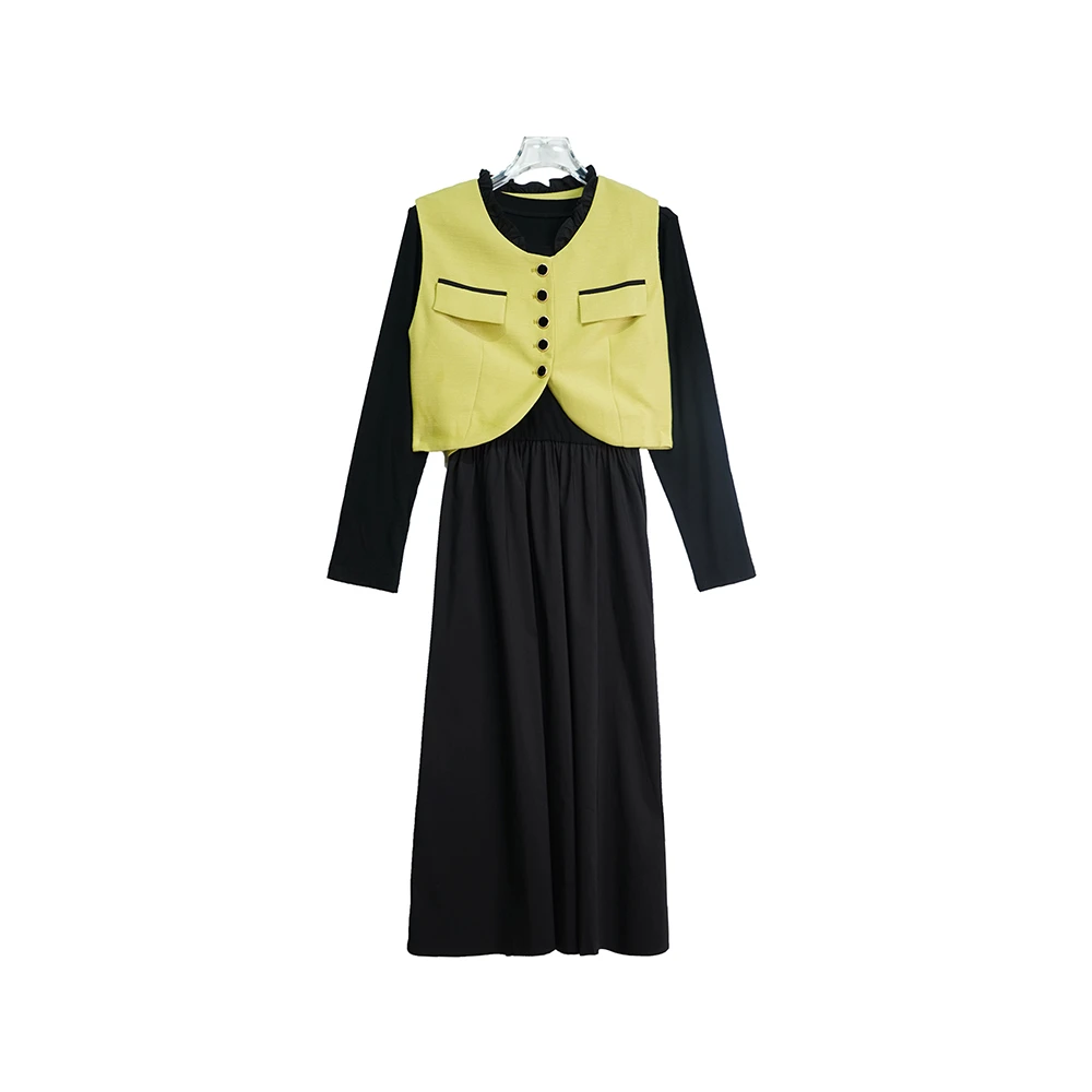 E882【新款】时尚单排扣木耳边黄色马甲收腰气质两件套连衣裙