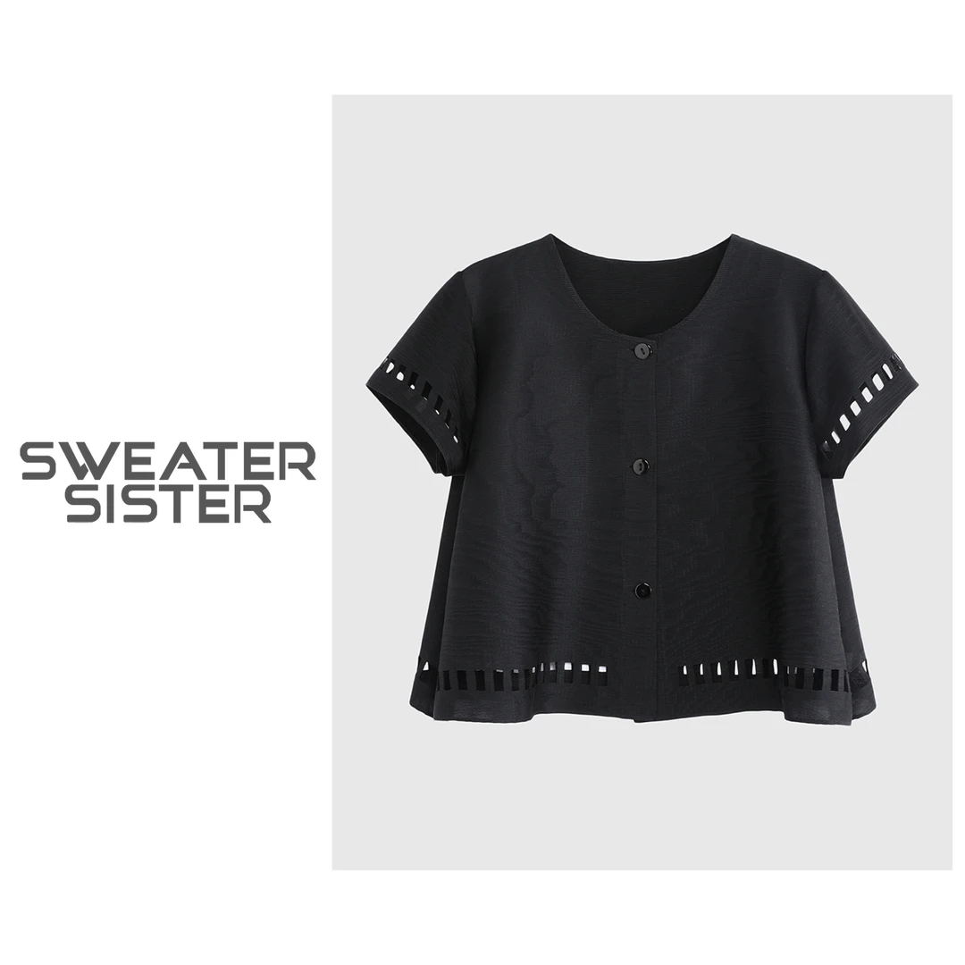 圆领褶皱系扣镂空格子压褶短袖开衫外套女5288-1825