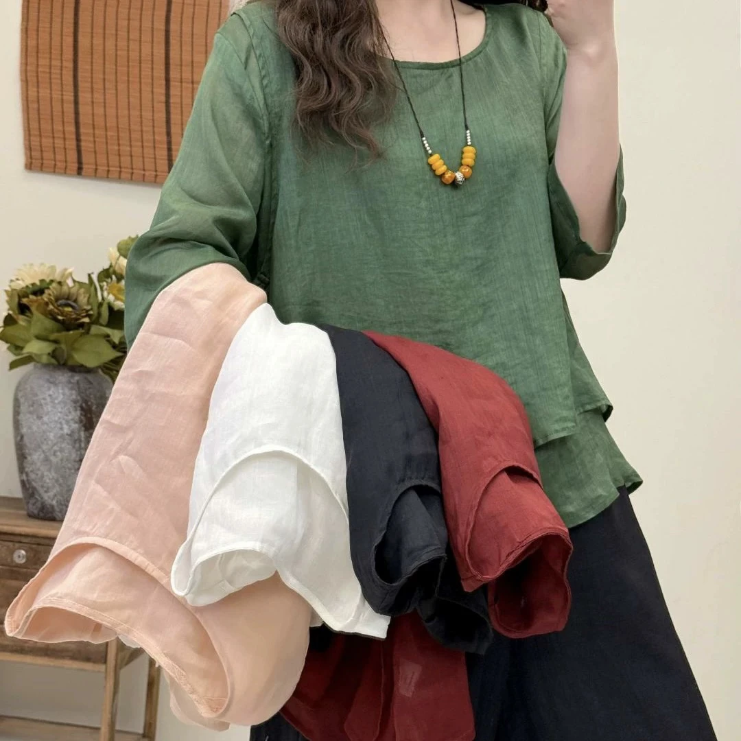苎麻100%套头五分袖常规款宽松型衬衫女装中袖休闲时尚文艺XM