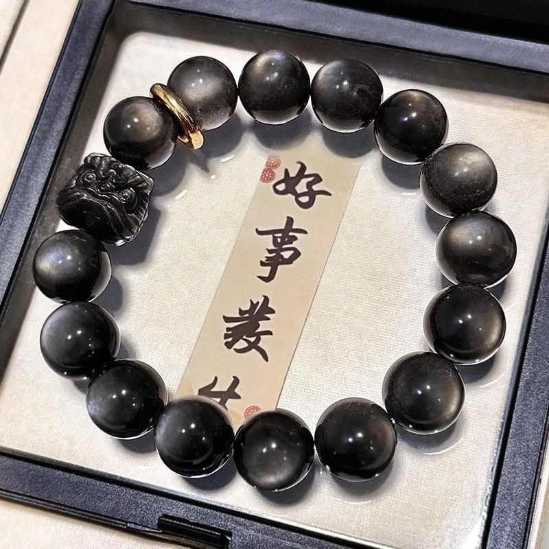合金玻璃手链 新中式祥瑞醒狮弹力不掉色仿黑曜石情侣情人礼物ins
