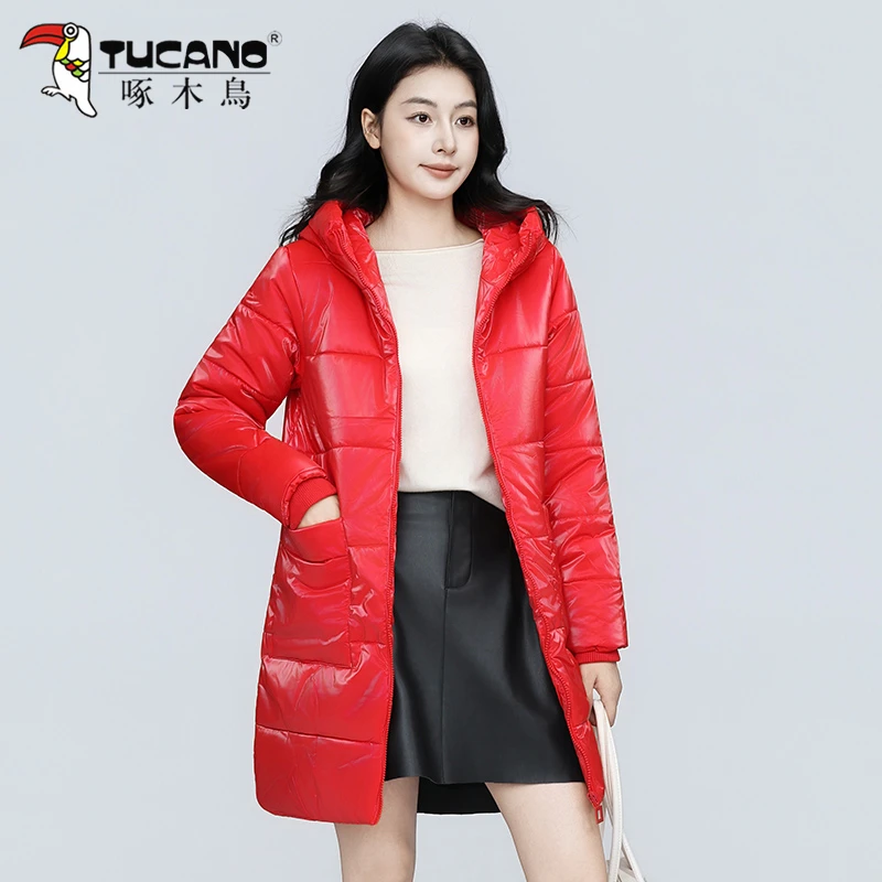 【官方品牌】啄木鳥中长款亮面棉衣女2026新款秋冬连帽保暖韩版棉服