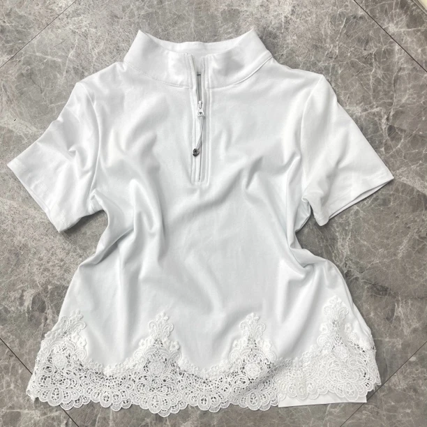 5811时尚休闲半拉链下摆蕾丝半袖