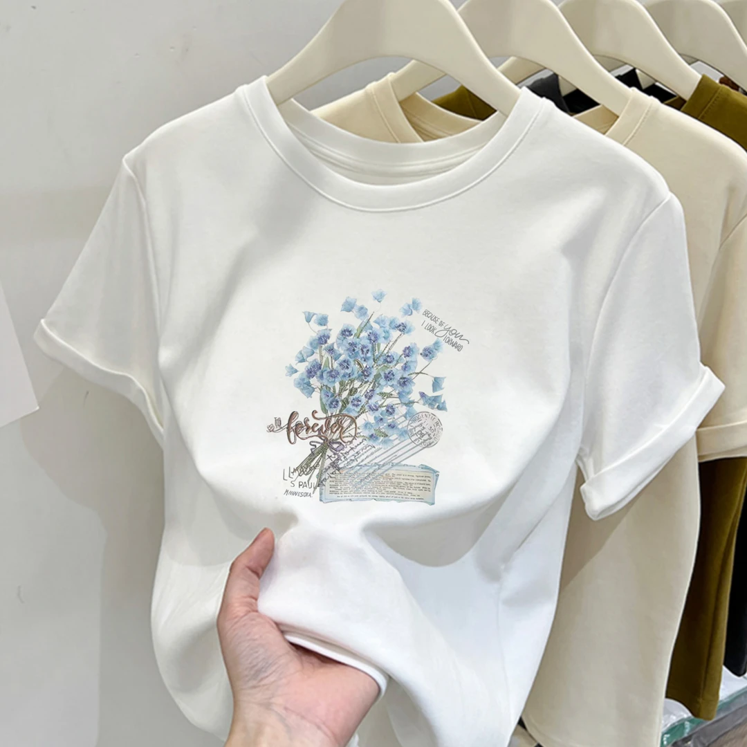 圆领复古干花花束短款印花韩版纯棉短袖T恤女小个子洋气衣服女