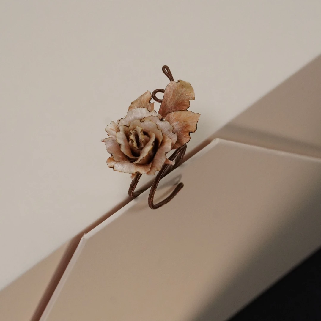 烧边枯叶棕玫瑰 戒指 非遗绒花新中式旗袍配饰日常精致气质纯手工