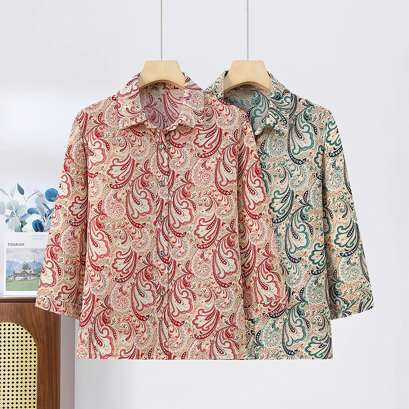 中老年人妈妈七分袖衬衫上衣老人舒适柔软衣服老太太衬衣